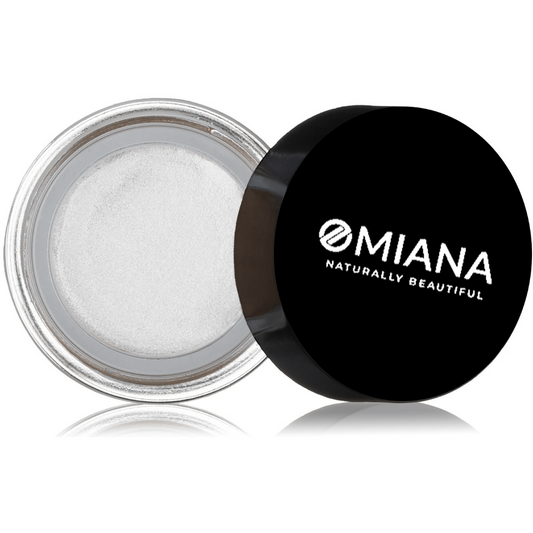 Mineral Makeup Clean Beauty Highlighter jar with lid open with pearl colored contents by Omiana