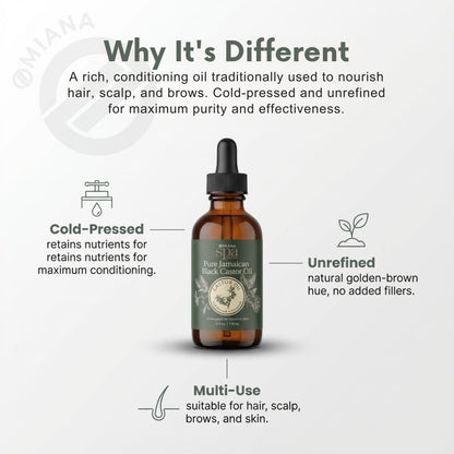 Bottle of Pure Jamaican Black Castor Oil with text explaining its benefits on a light gray background | Omiana Spa