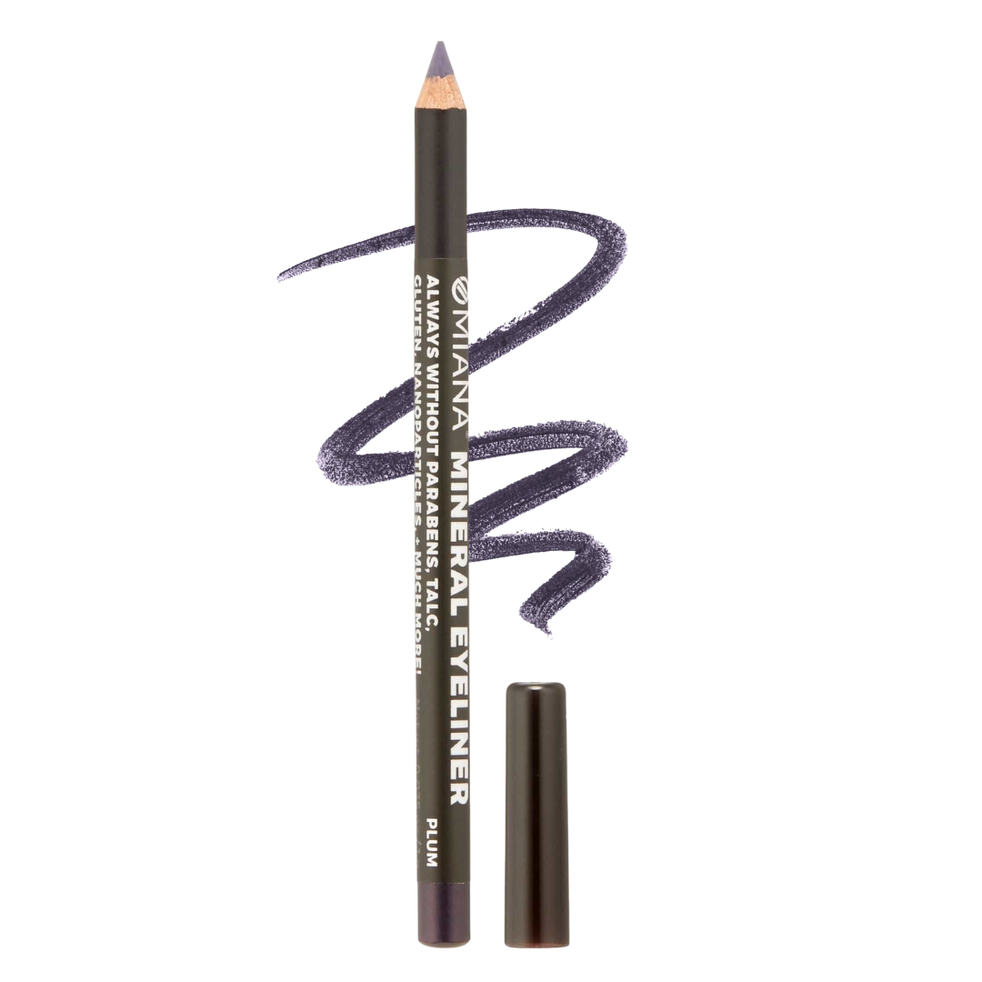 Plum mineral makeup eyeliner pencil with a swatch on a white background | Omiana