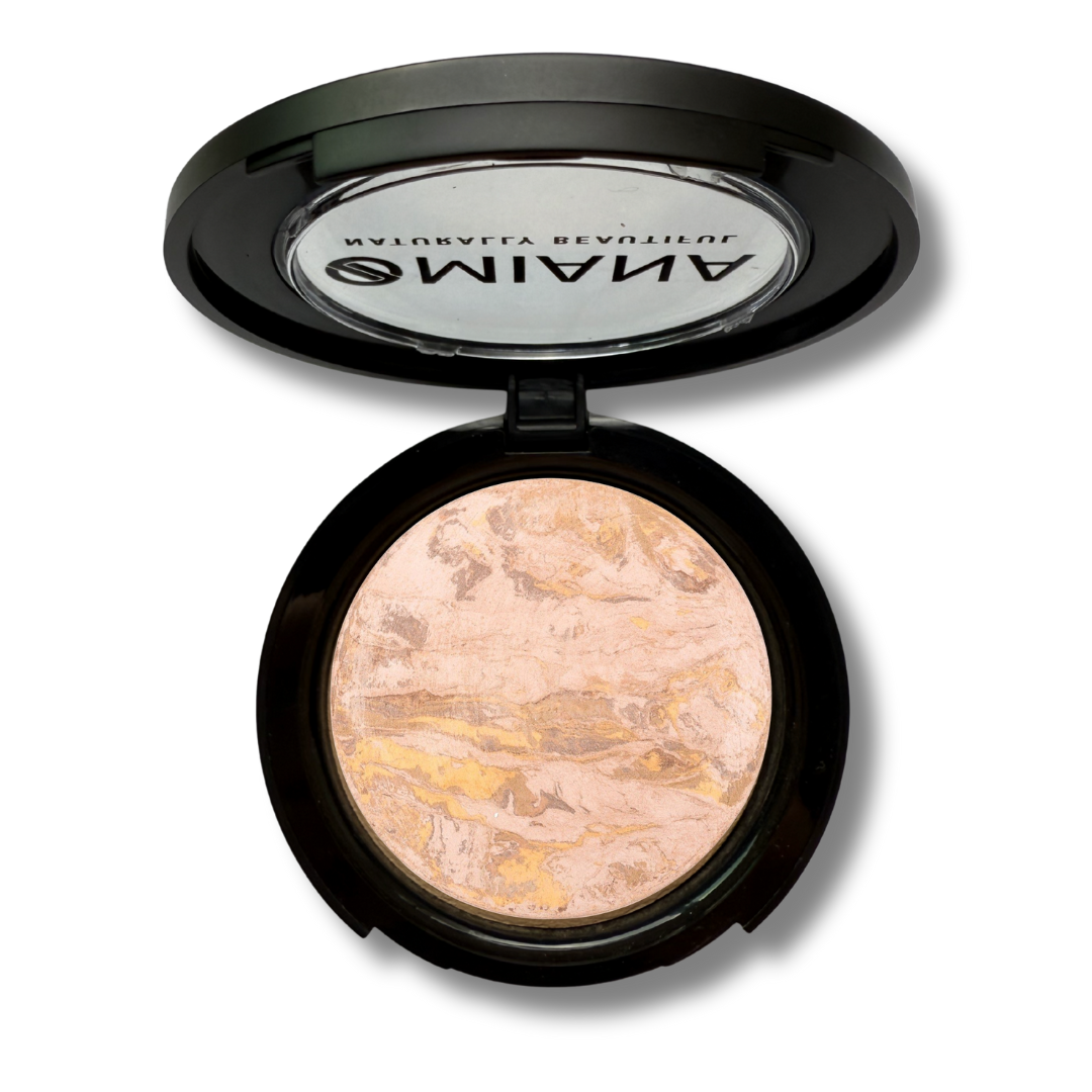 Open Mineral Makeup compact with beige baked cream powder and visible Omiana brand name on a white background