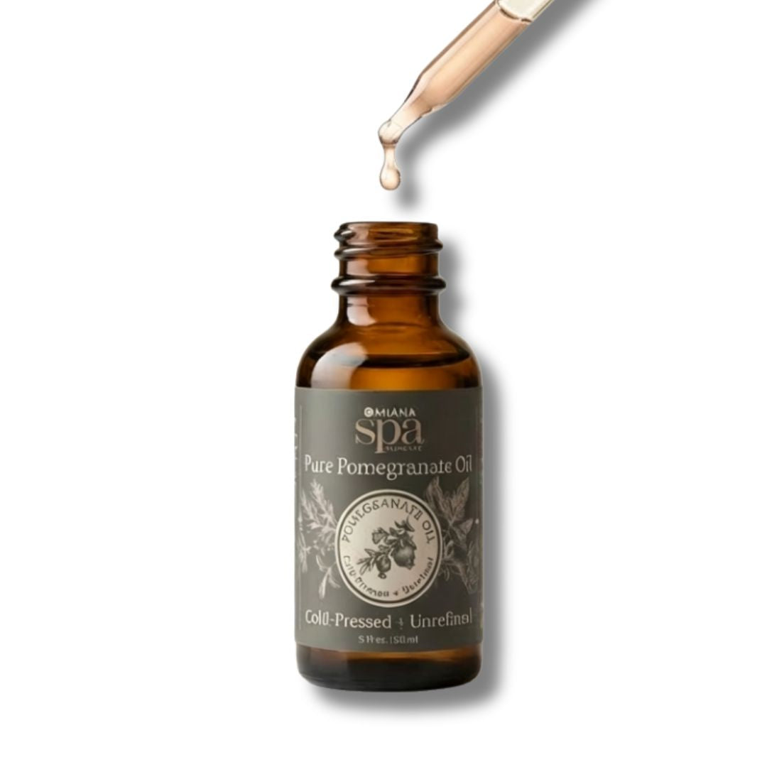 Brown bottle of Omiana Spa Pure Pomegranate Oil with dropper on white background
