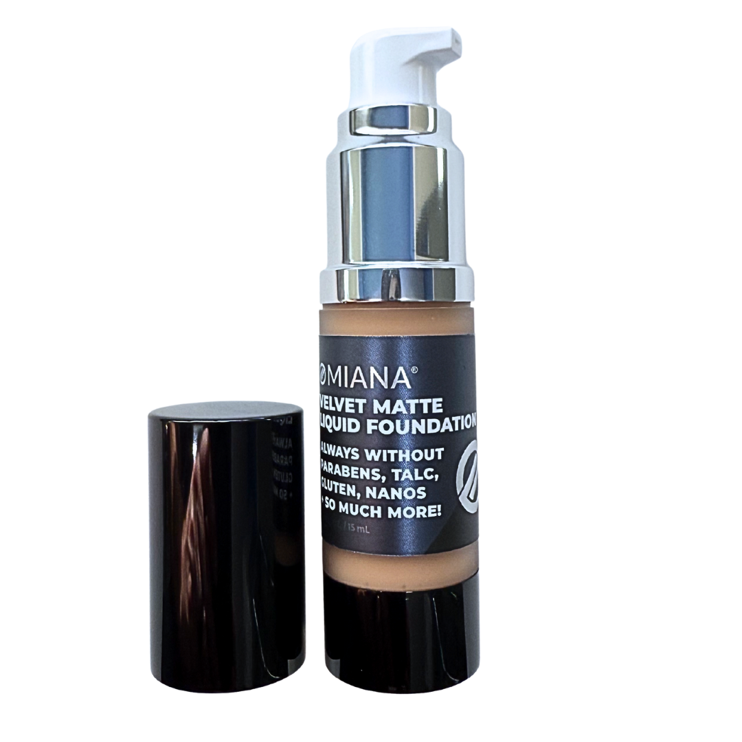 Omiana Velvet Matte Liquid Foundation with pump and swatch on white background