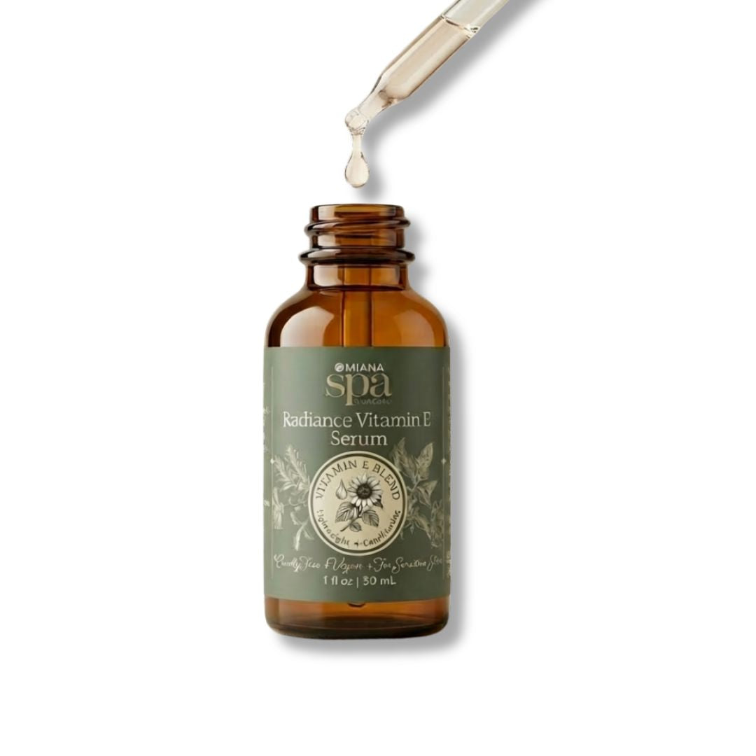 Omiana Spa Vitamin E Serum in a Brown bottle with green label with dropper on a white background
