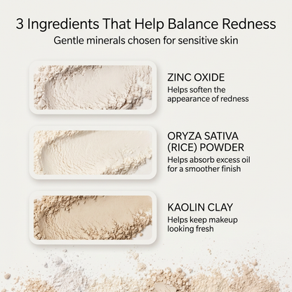 Mineral green color corrector for redness showing zinc oxide, rice powder, and kaolin clay ingredients used in sensitive skin makeup.