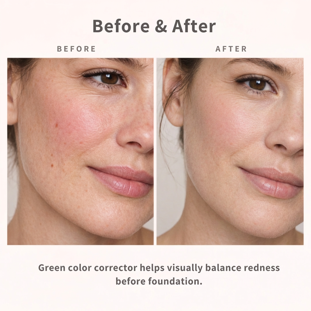 Before and after showing how green color corrector helps neutralize redness before foundation.