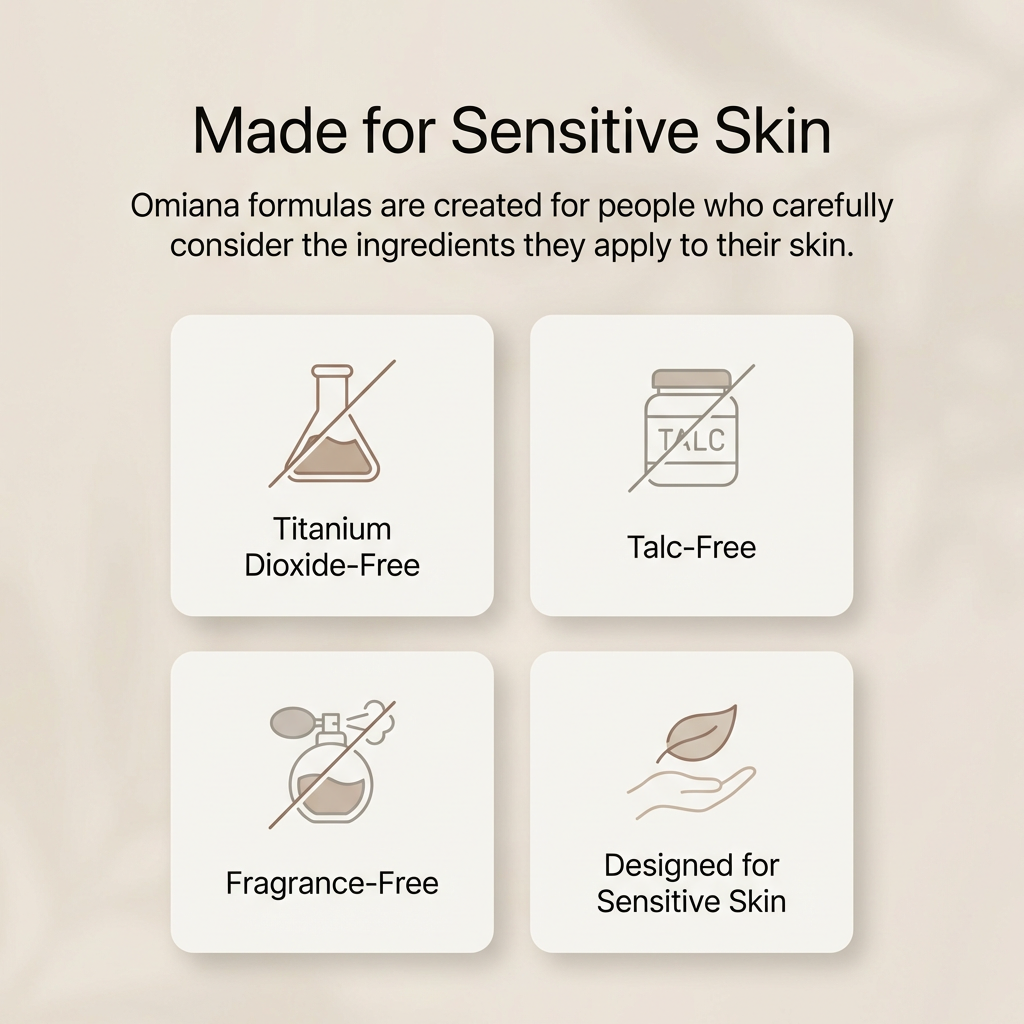 Omiana sensitive skin makeup standards showing titanium dioxide free, talc free and fragrance free clean beauty formula
