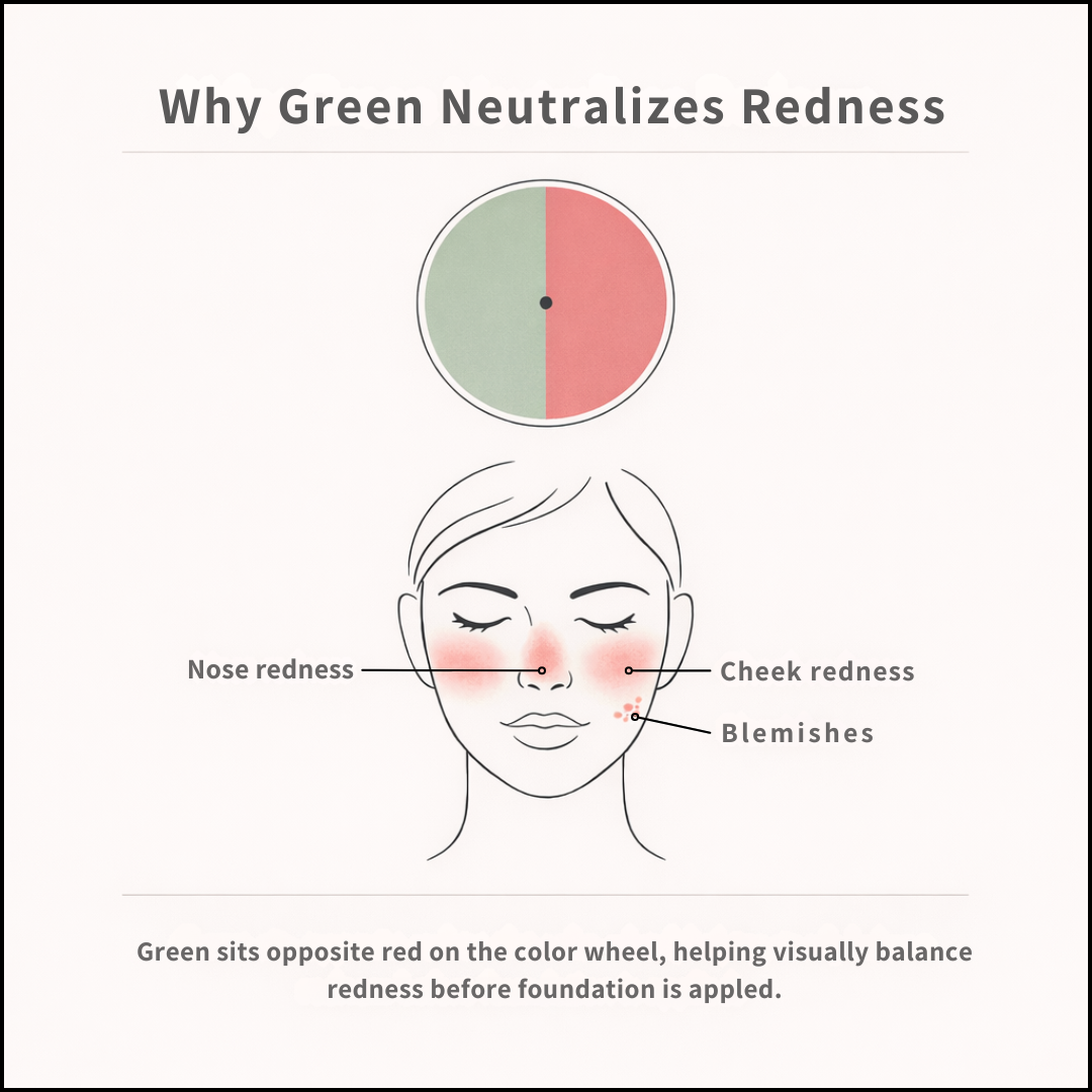 Illustration showing how green sits opposite red on the color wheel to help neutralize the look of redness in makeup.